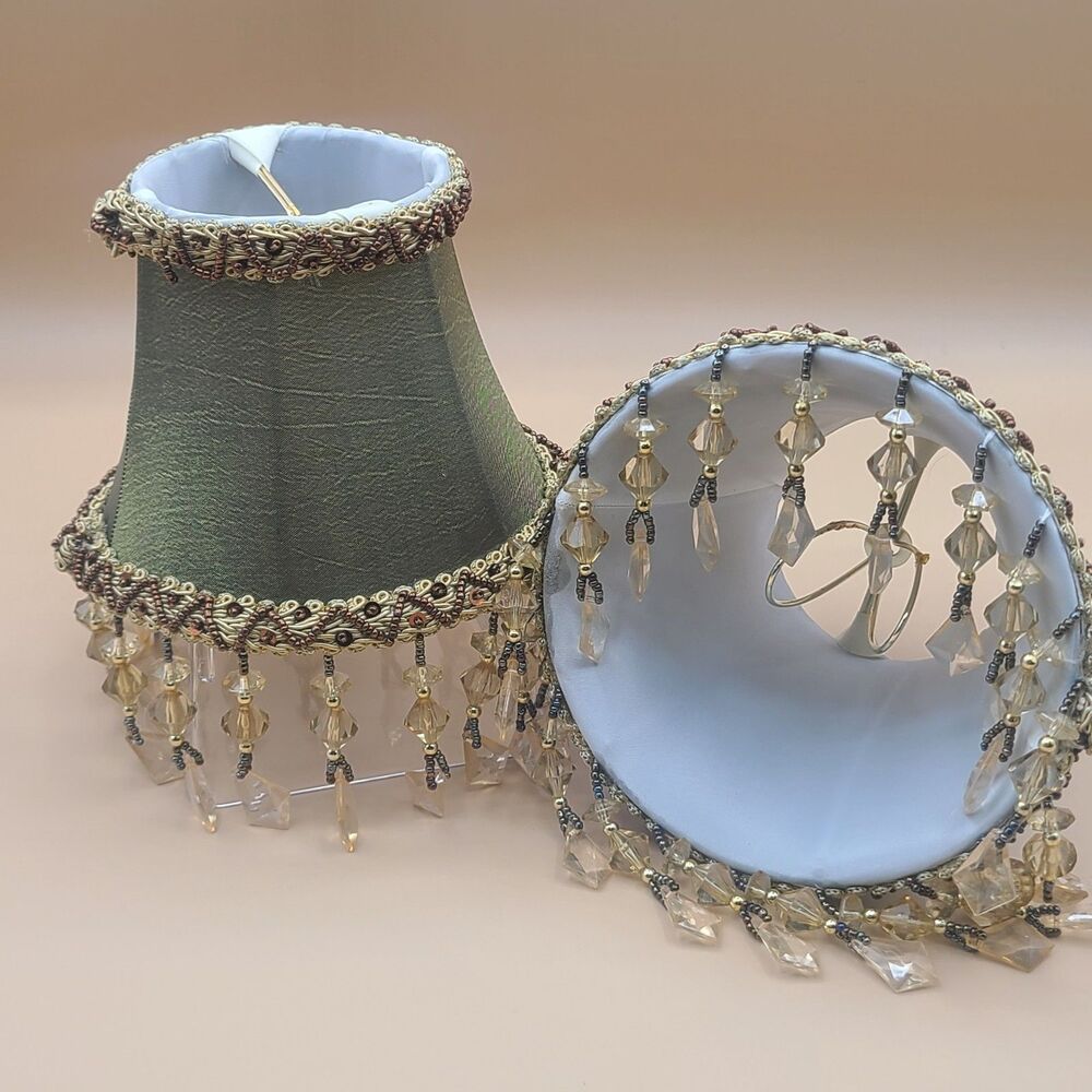 VTG  2 Green Brown Gold Fabric Clip On Lamp Shades Beaded 4.5 Inch Boho Chic